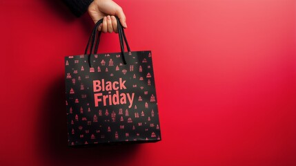 Black Friday Shopping Bag Held Against a Red Background in a Festive Atmosphere