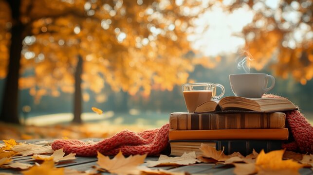 Cozy Autumn Setting With Warm Drink, Leaves, and Reading Materials in Park.