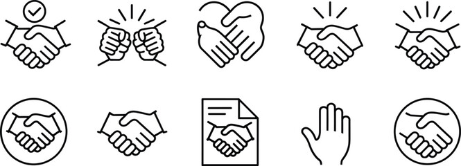 Handshake and trust gesture icons set—agreement, partnership, solidarity, and support symbols for business collaboration, ethical commitment, and professional integrity visuals