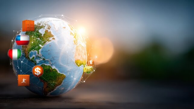 Global Financial Network: This image encapsulates the interconnectedness of global finance, featuring a realistic globe encircled by digital currency symbols and connecting nodes.