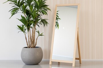 Indoor Plant and Wooden Framed Mirror in Minimalist Room