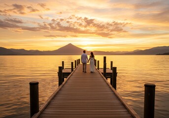 Fototapeta premium Couple Walking on Wooden Dock at Sunset