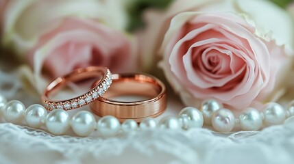 Beautiful Wedding Rings Beside Delicate Pink Roses on a Lace Background