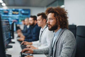 team of cybersecurity specialists analyzing data on screens focused on preventing cyberattacks