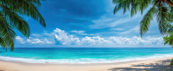 The serene beach landscape with turquoise ocean and palm trees.
