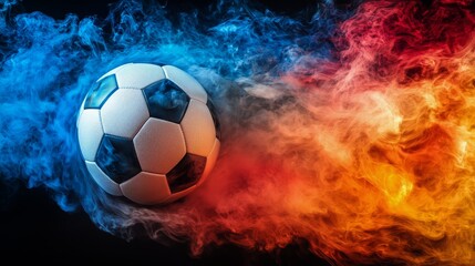 Fototapeta premium Vibrant Soccer Ball Emerging From Colorful Smoke in Dynamic Motion.