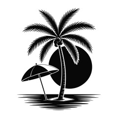 Black and white silhouette of a palm tree and umbrella on a tropical beach