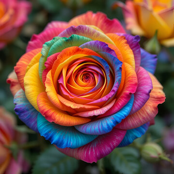 Vibrant rainbow rose flower showcases exquisite multicoloured petals, earning the delightful nickname of happy flower, perfect for adding joy and color to any floral collection.