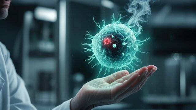 Scientist holding a virus model - Powered by Adobe