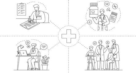 Modern Healthcare Professionals Working with Technology, Patients, and Medication in a Digital Medical Environment – Flat Line Art Illustration