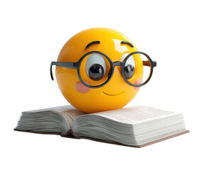 Smart emoji character wearing glasses reading book, ideal for education, learning, and knowledge