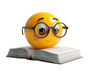 Smart emoji character wearing glasses reading book, ideal for education, learning, and knowledge