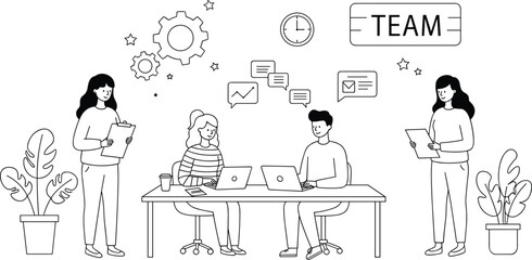 Office Team Collaboration with Laptops and Charts – Modern Workspace Productivity and Communication Concept in Line Art Illustration