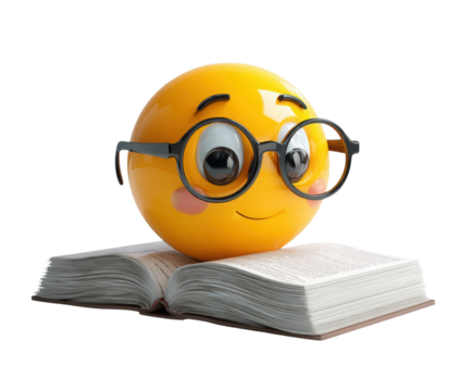 Smart emoji character wearing glasses reading book, ideal for education, learning, and knowledge