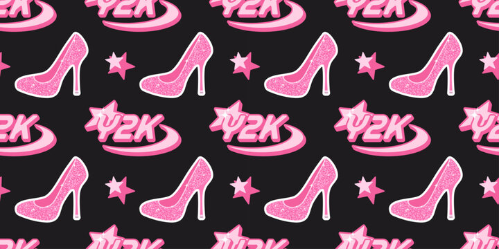 Seamless pattern with pink glitter high heels, stars, and Y2K text elements on a black background. Trendy nostalgic style inspired by early 2000s fashion. Perfect for fabric, wrapping, or stationery.