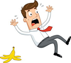 Surprised Businessman Slipping on Banana Peel – Workplace Accident, Funny Cartoon Character Fall, Risk Concept, and Safety Awareness Illustration