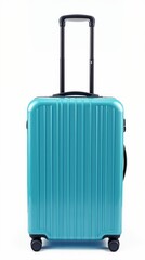 Bright turquoise rolling suitcase stands on a white background.
