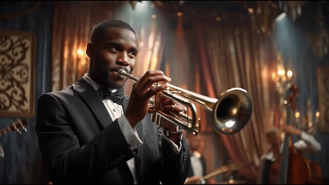 A talented musician passionately playing the trumpet in an elegant setting, bringing vibrant energy to the performance.