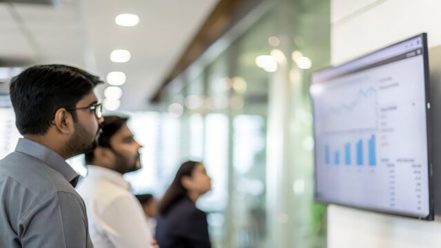 Indian Colleagues Watching Sales Forecast on Screen with Blurred Setting