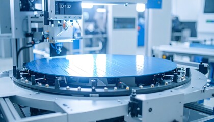 Automated precision manufacturing of a large, light blue, circular wafer.  A robotic arm and automated machinery are in use in a clean and organized industrial setting