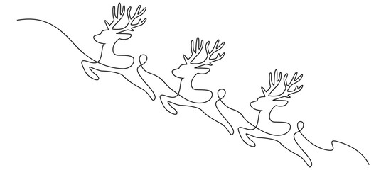Christmas Reindeer Continuous Line Drawing. Wild animal deer with antlers is dynamic silhouette eps 10