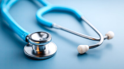 A stethoscope isolated on blue background, clean lighting, top view,