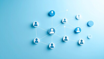 Simple data communication structure with people icons connected by lines on light blue background