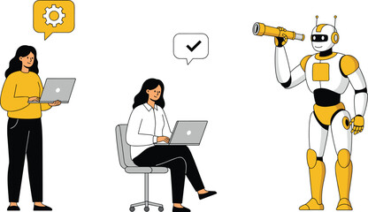 Women Working with AI Robot for Future Technology, Automation, Innovation, and Digital Solutions – Modern Flat Vector Illustration