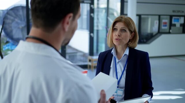 Female medical sales representative presenting medication to doctor