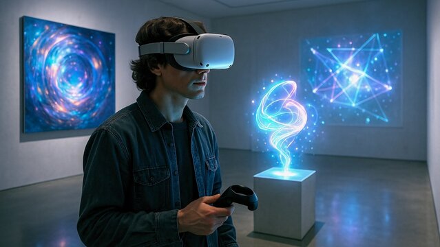 Museum visitor wearing virtual reality headset and holding controllers is enjoying interactive digital art exhibition, exploring immersive and futuristic art installations - Powered by Adobe
