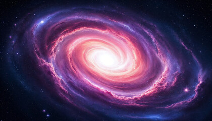 Obraz premium Digital painting of a spiral galaxy with pink-purple clouds on a starry dark blue backdrop. 