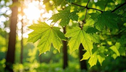 Fototapeta premium Close-Up of Fresh Green Leaves with Sunlight and Dew Drops