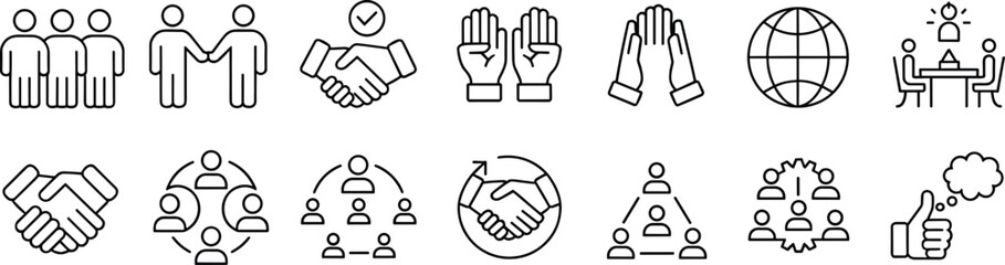 Collaboration icon set vector with handshake, teamwork, raised hands, group symbols, idea bulb, globe, gears, and unity gestures for communication and leadership themes
