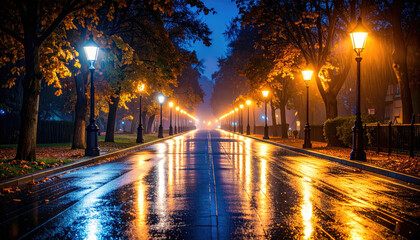 Serene Night Park Pathway with Lanterns and Wet Pavement Reflection
