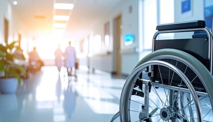 Empty wheelchair in a hospital corridor with healthcare professionals