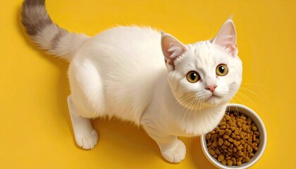 Playful White Cat with Bowl of Dry Food on Bright Yellow Surface