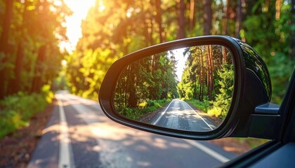 Scenic Car Side Mirror Reflection of Forest Road in Sunrise Light