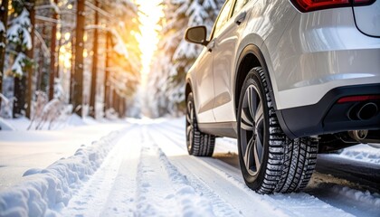 Winter Adventure with Car on Snowy Road Surrounded by Pine Trees