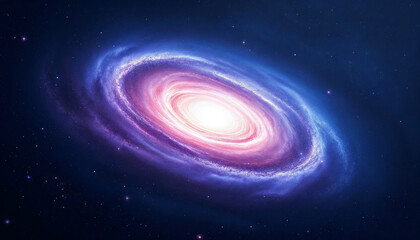 Fototapeta premium Digital painting of a spiral galaxy with pink-purple clouds on a starry dark blue backdrop. 