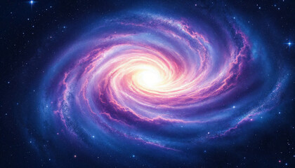 Digital painting of a spiral galaxy with pink-purple clouds on a starry dark blue backdrop.
