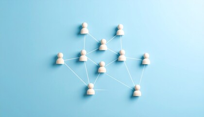 Simple data communication structure with people icons connected by lines on light blue background