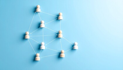 Simple data communication structure with people icons connected by lines on light blue background