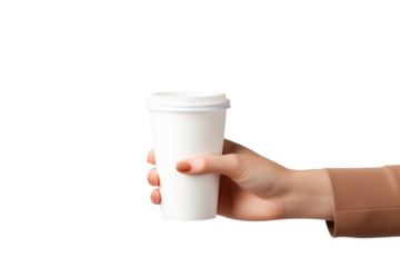 Woman's hand holding white coffee cup, perfect for morning routine or business meetings