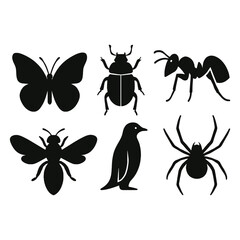 Insect and bug silhouette icon pack including butterfly, beetle, ant, bee, and spider
