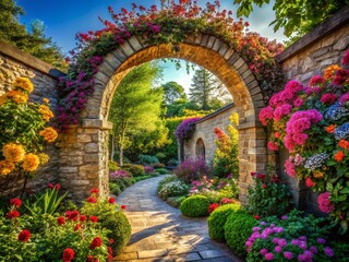 Obraz premium Environmental Harmony: Garden Archway with Vibrant Blooms and Dappled Sunlight