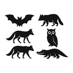 Nocturnal animal silhouette icons set including bat, owl, fox, raccoon, and hedgehog