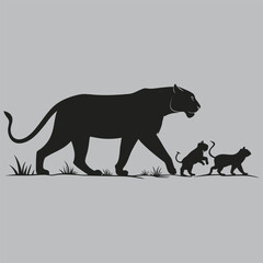 Tiger Walking with Cubs Silhouettes vector design art and illustration