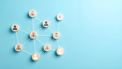 Simple data communication structure with people icons connected by lines on light blue background