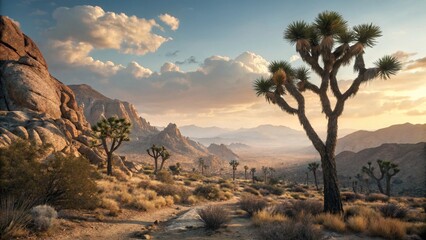 Naklejka premium Golden hour paints the vast Arizona desert landscape, where the Grand Canyon's red rock and distant mountains meet a dramatic sky of clouds, a scenic view of nature's beauty perfect for travel and tou