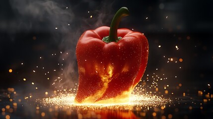 A fiery red pepper that gives off tiny sparks and warm steam.